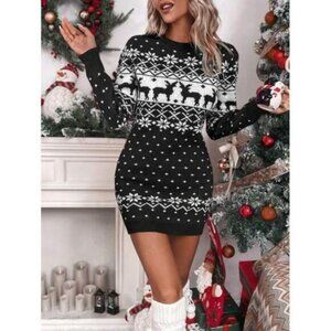 New Christmas Women Crew Neck Long Sleeve Graphic Detail Casual Short Knit